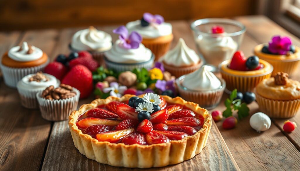A delightful arrangement of low FODMAP desserts sits on a rustic wooden table, bathed in warm, natural lighting. In the foreground, a beautiful tart with a buttery crust and a colorful, fruit-forward filling takes center stage. Surrounding it, an assortment of perfectly portioned sweet treats, including soft, moist muffins, creamy puddings, and bite-sized meringues. The middle ground features a mix of fresh berries, nuts, and edible flowers, adding pops of vibrant color and a touch of elegance. The background is softly blurred, allowing the delectable desserts to be the focal point. The overall scene conveys a sense of wholesome, gut-friendly indulgence, perfectly complementing the article's theme of simple, low FODMAP recipes. A delightful arrangement of low FODMAP desserts sits on a rustic wooden table, bathed in warm, natural lighting. In the foreground, a beautiful tart with a buttery crust and a colorful, fruit-forward filling takes center stage. Surrounding it, an assortment of perfectly portioned sweet treats, including soft, moist muffins, creamy puddings, and bite-sized meringues. The middle ground features a mix of fresh berries, nuts, and edible flowers, adding pops of vibrant color and a touch of elegance. The background is softly blurred, allowing the delectable desserts to be the focal point. The overall scene conveys a sense of wholesome, gut-friendly indulgence, perfectly complementing the article's theme of simple, low FODMAP recipes.