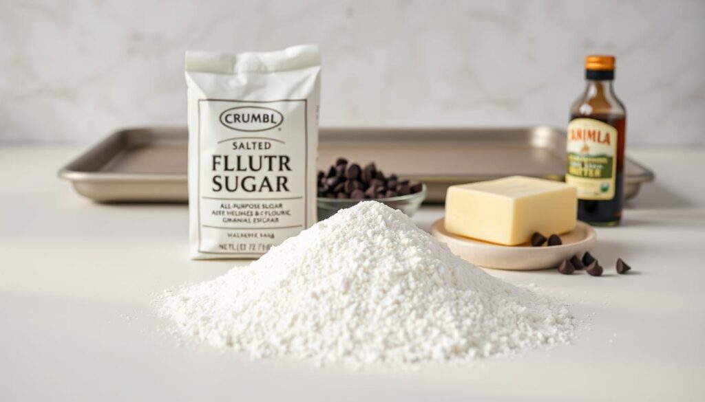 A neatly arranged still life of the essential ingredients for a classic Crumbl cookie recipe. In the foreground, a pile of all-purpose flour, granulated sugar, and salted butter sit on a pristine white surface, bathed in soft, diffused lighting. In the middle ground, dark chocolate chips, vanilla extract, and a baking sheet add depth and texture. The background features a neutral, out-of-focus backdrop, allowing the ingredients to take center stage. The overall composition conveys a sense of baking preparation, inviting the viewer to imagine the delicious cookies that will soon emerge from the oven. A neatly arranged still life of the essential ingredients for a classic Crumbl cookie recipe. In the foreground, a pile of all-purpose flour, granulated sugar, and salted butter sit on a pristine white surface, bathed in soft, diffused lighting. In the middle ground, dark chocolate chips, vanilla extract, and a baking sheet add depth and texture. The background features a neutral, out-of-focus backdrop, allowing the ingredients to take center stage. The overall composition conveys a sense of baking preparation, inviting the viewer to imagine the delicious cookies that will soon emerge from the oven.
