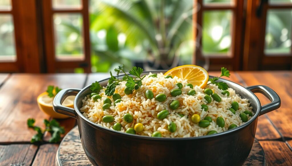 A steaming pot of fragrant arroz con gandules takes center stage on a rustic wooden table. The rice, cooked to perfection, is studded with tender green pigeon peas, their vibrant hue a feast for the eyes. Sprigs of fresh cilantro and slices of lemon provide a vibrant contrast, while a drizzle of olive oil lends a glistening sheen. In the background, a window frames a lush, tropical landscape, hinting at the island origins of this beloved Puerto Rican dish. The warm, inviting lighting casts a soft, golden glow, creating an appetizing and authentic atmosphere. A steaming pot of fragrant arroz con gandules takes center stage on a rustic wooden table. The rice, cooked to perfection, is studded with tender green pigeon peas, their vibrant hue a feast for the eyes. Sprigs of fresh cilantro and slices of lemon provide a vibrant contrast, while a drizzle of olive oil lends a glistening sheen. In the background, a window frames a lush, tropical landscape, hinting at the island origins of this beloved Puerto Rican dish. The warm, inviting lighting casts a soft, golden glow, creating an appetizing and authentic atmosphere.
