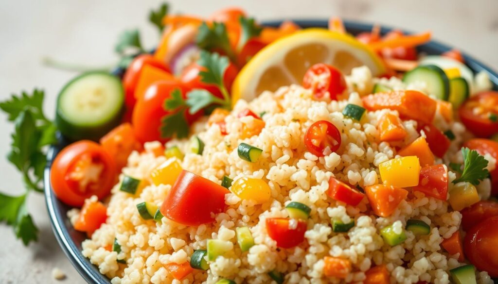 A vibrant and appetizing low FODMAP quinoa salad, filled with a colorful array of fresh vegetables. In the foreground, a generous portion of fluffy, white quinoa is neatly arranged, surrounded by diced cucumbers, cherry tomatoes, sliced bell peppers, and shredded carrots. The salad is dressed with a light, citrusy vinaigrette, glistening under the warm, natural lighting. In the middle ground, a few sprigs of fresh parsley and a wedge of lemon provide additional flavor and garnish. The background features a neutral, slightly blurred surface, allowing the salad to take center stage. The overall scene conveys a sense of simplicity, healthiness, and a well-balanced, gut-friendly meal. A vibrant and appetizing low FODMAP quinoa salad, filled with a colorful array of fresh vegetables. In the foreground, a generous portion of fluffy, white quinoa is neatly arranged, surrounded by diced cucumbers, cherry tomatoes, sliced bell peppers, and shredded carrots. The salad is dressed with a light, citrusy vinaigrette, glistening under the warm, natural lighting. In the middle ground, a few sprigs of fresh parsley and a wedge of lemon provide additional flavor and garnish. The background features a neutral, slightly blurred surface, allowing the salad to take center stage. The overall scene conveys a sense of simplicity, healthiness, and a well-balanced, gut-friendly meal.
