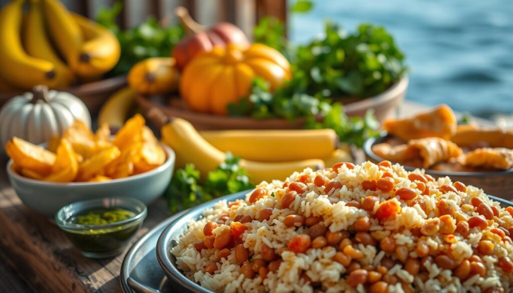 A vibrant still life of traditional Puerto Rican side dishes, bathed in warm, natural lighting. In the foreground, a platter overflows with fragrant rice and pigeon peas (moros y cristianos), steaming white rice, and tender, saucy pigeon peas. Alongside, a bowl of crisp, golden tostones (fried plantains) and a small dish of zesty chimichurri sauce. In the middle ground, a colorful array of tropical produce - ripe plantains, vibrant green pumpkins, and fragrant cilantro. The background is softly blurred, hinting at a rustic, seaside setting with weathered wooden surfaces. The overall mood is one of fresh, homemade simplicity, capturing the essence of classic Puerto Rican side dishes. A vibrant still life of traditional Puerto Rican side dishes, bathed in warm, natural lighting. In the foreground, a platter overflows with fragrant rice and pigeon peas (moros y cristianos), steaming white rice, and tender, saucy pigeon peas. Alongside, a bowl of crisp, golden tostones (fried plantains) and a small dish of zesty chimichurri sauce. In the middle ground, a colorful array of tropical produce - ripe plantains, vibrant green pumpkins, and fragrant cilantro. The background is softly blurred, hinting at a rustic, seaside setting with weathered wooden surfaces. The overall mood is one of fresh, homemade simplicity, capturing the essence of classic Puerto Rican side dishes.