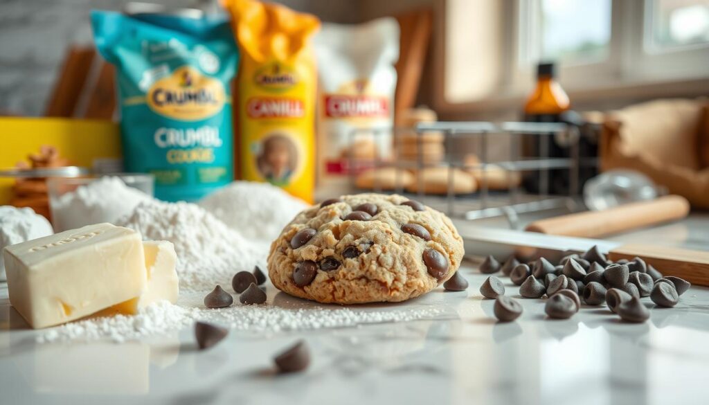 A visually compelling still life image of the key ingredients used to make Crumbl Cookies. In the foreground, a selection of colorful, artfully arranged baking supplies including butter, sugar, flour, chocolate chips, and vanilla extract. In the middle ground, a partially-baked Crumbl cookie fresh from the oven. The background features a marble or granite countertop surface with natural lighting illuminating the scene, creating a warm, inviting atmosphere. The overall composition highlights the attention to detail and quality that defines the Crumbl Cookie experience. A visually compelling still life image of the key ingredients used to make Crumbl Cookies. In the foreground, a selection of colorful, artfully arranged baking supplies including butter, sugar, flour, chocolate chips, and vanilla extract. In the middle ground, a partially-baked Crumbl cookie fresh from the oven. The background features a marble or granite countertop surface with natural lighting illuminating the scene, creating a warm, inviting atmosphere. The overall composition highlights the attention to detail and quality that defines the Crumbl Cookie experience.