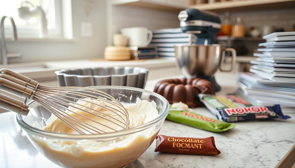 Detailed closeup of a kitchen countertop with various baking equipment and ingredients for preparing a traditional German chocolate cake. In the foreground, a mixing bowl filled with coconut-pecan frosting mixture, whisk, and a chocolate bar. In the middle ground, a bundt cake pan, hand mixer, and a stack of baking sheets. The background features a clean, well-lit kitchen space with natural light streaming in from a window. The overall mood is warm, inviting, and focused on the process of making this classic dessert. Detailed closeup of a kitchen countertop with various baking equipment and ingredients for preparing a traditional German chocolate cake. In the foreground, a mixing bowl filled with coconut-pecan frosting mixture, whisk, and a chocolate bar. In the middle ground, a bundt cake pan, hand mixer, and a stack of baking sheets. The background features a clean, well-lit kitchen space with natural light streaming in from a window. The overall mood is warm, inviting, and focused on the process of making this classic dessert.