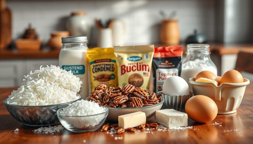 High-resolution close-up image of the ingredients for a classic German chocolate cake, arranged neatly on a wooden table in a warm, inviting kitchen setting. The ingredients include shredded coconut, chopped pecans, sweetened condensed milk, baking chocolate, eggs, butter, sugar, and flour. Soft, natural lighting casts gentle shadows, highlighting the textures and colors of the ingredients. The composition is balanced and aesthetically pleasing, creating a mouthwatering and appetizing visual. High-resolution close-up image of the ingredients for a classic German chocolate cake, arranged neatly on a wooden table in a warm, inviting kitchen setting. The ingredients include shredded coconut, chopped pecans, sweetened condensed milk, baking chocolate, eggs, butter, sugar, and flour. Soft, natural lighting casts gentle shadows, highlighting the textures and colors of the ingredients. The composition is balanced and aesthetically pleasing, creating a mouthwatering and appetizing visual.