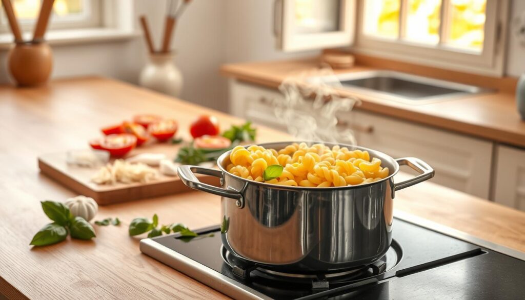 A bright, airy kitchen with a wooden countertop. In the foreground, a steaming pot of cavatappi pasta simmers on the stove, its twisting, corkscrew-shaped noodles swirling in the bubbling water. Fresh basil leaves and grated Parmesan cheese are arranged neatly beside the pot, ready to be added. The middle ground features a cutting board with sliced tomatoes, garlic, and fresh herbs, hinting at the vibrant flavors to come. The background showcases an open window, letting in warm, natural light that casts a soft, golden glow over the scene. The overall atmosphere is one of simple, rustic elegance, inviting the viewer to imagine the delicious, perfectly cooked cavatappi dish that will soon emerge from the kitchen. A bright, airy kitchen with a wooden countertop. In the foreground, a steaming pot of cavatappi pasta simmers on the stove, its twisting, corkscrew-shaped noodles swirling in the bubbling water. Fresh basil leaves and grated Parmesan cheese are arranged neatly beside the pot, ready to be added. The middle ground features a cutting board with sliced tomatoes, garlic, and fresh herbs, hinting at the vibrant flavors to come. The background showcases an open window, letting in warm, natural light that casts a soft, golden glow over the scene. The overall atmosphere is one of simple, rustic elegance, inviting the viewer to imagine the delicious, perfectly cooked cavatappi dish that will soon emerge from the kitchen.