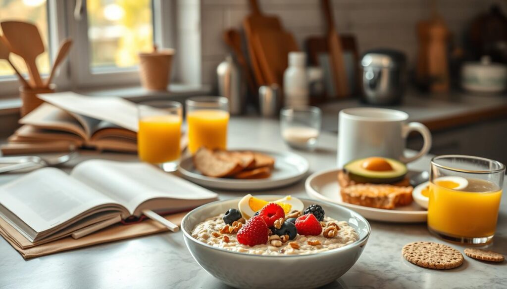 A bustling kitchen counter with a variety of quick breakfast items artfully arranged. In the foreground, a bowl of freshly cooked oatmeal topped with fresh berries, nuts, and a drizzle of honey. Next to it, a plate holding sliced avocado toast, a hardboiled egg, and a handful of whole grain crackers. In the middle ground, a glass of freshly squeezed orange juice and a steaming mug of coffee. The background features an open cookbook, a mixing bowl, and a few kitchen utensils, all bathed in warm, natural lighting from a nearby window. The overall mood is one of simplicity, nourishment, and efficiency - capturing the essence of a time-saving, make-ahead breakfast. A bustling kitchen counter with a variety of quick breakfast items artfully arranged. In the foreground, a bowl of freshly cooked oatmeal topped with fresh berries, nuts, and a drizzle of honey. Next to it, a plate holding sliced avocado toast, a hardboiled egg, and a handful of whole grain crackers. In the middle ground, a glass of freshly squeezed orange juice and a steaming mug of coffee. The background features an open cookbook, a mixing bowl, and a few kitchen utensils, all bathed in warm, natural lighting from a nearby window. The overall mood is one of simplicity, nourishment, and efficiency - capturing the essence of a time-saving, make-ahead breakfast.