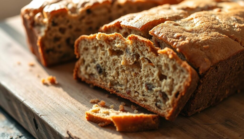 A close-up photograph of a freshly baked, moist banana bread loaf on a rustic wooden table. The crust has a golden-brown hue, with a slight sheen and a crackly top. Slices of the bread are visible, revealing a soft, tender crumb with visible banana pieces dispersed throughout. Warm lighting from the side casts gentle shadows, highlighting the delicate texture and inviting aroma. The background is blurred, keeping the focus on the enticing, homemade appearance of the bread. A sense of comfort and homemade goodness radiates from the image. A close-up photograph of a freshly baked, moist banana bread loaf on a rustic wooden table. The crust has a golden-brown hue, with a slight sheen and a crackly top. Slices of the bread are visible, revealing a soft, tender crumb with visible banana pieces dispersed throughout. Warm lighting from the side casts gentle shadows, highlighting the delicate texture and inviting aroma. The background is blurred, keeping the focus on the enticing, homemade appearance of the bread. A sense of comfort and homemade goodness radiates from the image.