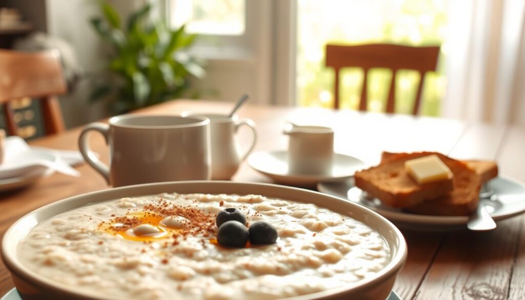 A delectable breakfast dish set against a warm, cozy kitchen scene. In the foreground, a bowl of creamy Cream of Wheat porridge, steaming and garnished with a drizzle of honey, a sprinkle of cinnamon, and a few fresh berries. In the middle ground, a wooden table with a place setting - a white ceramic mug filled with aromatic coffee, a small pitcher of cream, and a plate with a selection of crisp, golden-brown toast slices, each topped with a pat of melting butter. In the background, a bright window overlooking a lush, green garden, bathed in soft, natural light. The overall mood is one of comfort, nourishment, and a sense of simple, homemade pleasure. A delectable breakfast dish set against a warm, cozy kitchen scene. In the foreground, a bowl of creamy Cream of Wheat porridge, steaming and garnished with a drizzle of honey, a sprinkle of cinnamon, and a few fresh berries. In the middle ground, a wooden table with a place setting - a white ceramic mug filled with aromatic coffee, a small pitcher of cream, and a plate with a selection of crisp, golden-brown toast slices, each topped with a pat of melting butter. In the background, a bright window overlooking a lush, green garden, bathed in soft, natural light. The overall mood is one of comfort, nourishment, and a sense of simple, homemade pleasure.