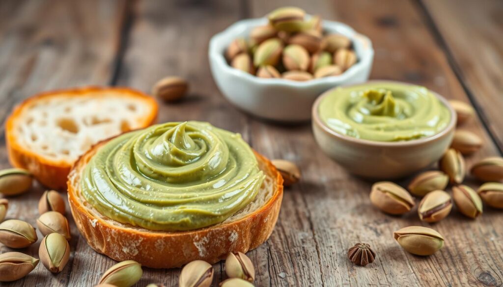 A delicate, creamy pistachio spread with a vibrant green hue, glistening with a smooth, velvety texture. The foreground features a slice of freshly baked bread, perfectly golden, complementing the rich pistachio cream dolloped generously atop. Surrounding the bread, a scattering of shelled pistachios, their earthy green shells adding a textural contrast. The middle ground showcases a small ceramic bowl, filled to the brim with the homemade pistachio cream, its inviting appearance set against a backdrop of a rustic wooden table, its weathered grains and natural hues echoing the earthy tones of the ingredients. Soft, diffused lighting casts a warm, comforting glow, creating an appetizing and artisanal atmosphere. A delicate, creamy pistachio spread with a vibrant green hue, glistening with a smooth, velvety texture. The foreground features a slice of freshly baked bread, perfectly golden, complementing the rich pistachio cream dolloped generously atop. Surrounding the bread, a scattering of shelled pistachios, their earthy green shells adding a textural contrast. The middle ground showcases a small ceramic bowl, filled to the brim with the homemade pistachio cream, its inviting appearance set against a backdrop of a rustic wooden table, its weathered grains and natural hues echoing the earthy tones of the ingredients. Soft, diffused lighting casts a warm, comforting glow, creating an appetizing and artisanal atmosphere.