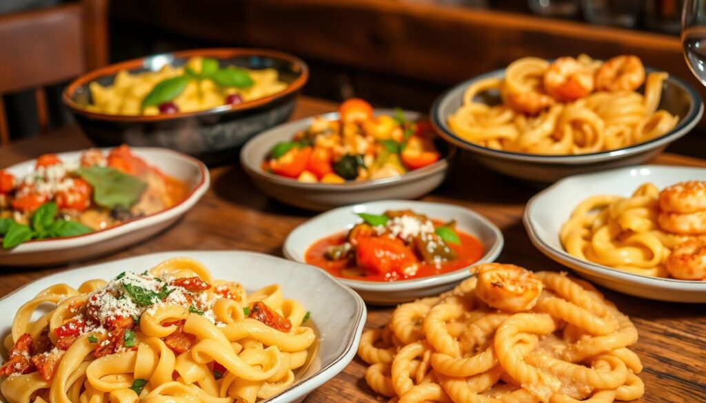 A gourmet spread of mouthwatering cavatappi pasta dishes, beautifully presented on a rustic wooden table. In the foreground, a steaming plate of cavatappi tossed in a rich, creamy sauce, garnished with fresh herbs and grated parmesan. In the middle ground, a bowl of cavatappi in a vibrant tomato-based sauce, accented with roasted vegetables and fragrant basil leaves. In the background, a platter of cavatappi noodles intertwined with sautéed shrimp, drizzled with a lemon-garlic butter sauce. Warm lighting casts a cozy glow, highlighting the textures and colors of the artfully prepared dishes. The scene conveys an atmosphere of sophisticated Italian dining, inviting the viewer to savor the delectable gourmet cavatappi pasta creations. A gourmet spread of mouthwatering cavatappi pasta dishes, beautifully presented on a rustic wooden table. In the foreground, a steaming plate of cavatappi tossed in a rich, creamy sauce, garnished with fresh herbs and grated parmesan. In the middle ground, a bowl of cavatappi in a vibrant tomato-based sauce, accented with roasted vegetables and fragrant basil leaves. In the background, a platter of cavatappi noodles intertwined with sautéed shrimp, drizzled with a lemon-garlic butter sauce. Warm lighting casts a cozy glow, highlighting the textures and colors of the artfully prepared dishes. The scene conveys an atmosphere of sophisticated Italian dining, inviting the viewer to savor the delectable gourmet cavatappi pasta creations.