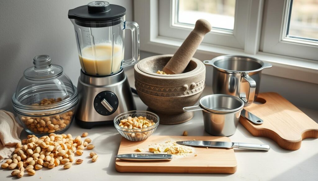 A neatly arranged assortment of homemade pistachio cream preparation equipment, including a high-powered blender, a mortar and pestle, a fine-mesh sieve, a set of measuring cups and spoons, a cutting board, and a paring knife. The equipment is illuminated by soft, diffused natural light coming in from a window, casting gentle shadows and creating a warm, inviting atmosphere. The overall composition is clean, minimalist, and highlights the tools needed to create a delectable homemade pistachio cream. A neatly arranged assortment of homemade pistachio cream preparation equipment, including a high-powered blender, a mortar and pestle, a fine-mesh sieve, a set of measuring cups and spoons, a cutting board, and a paring knife. The equipment is illuminated by soft, diffused natural light coming in from a window, casting gentle shadows and creating a warm, inviting atmosphere. The overall composition is clean, minimalist, and highlights the tools needed to create a delectable homemade pistachio cream.