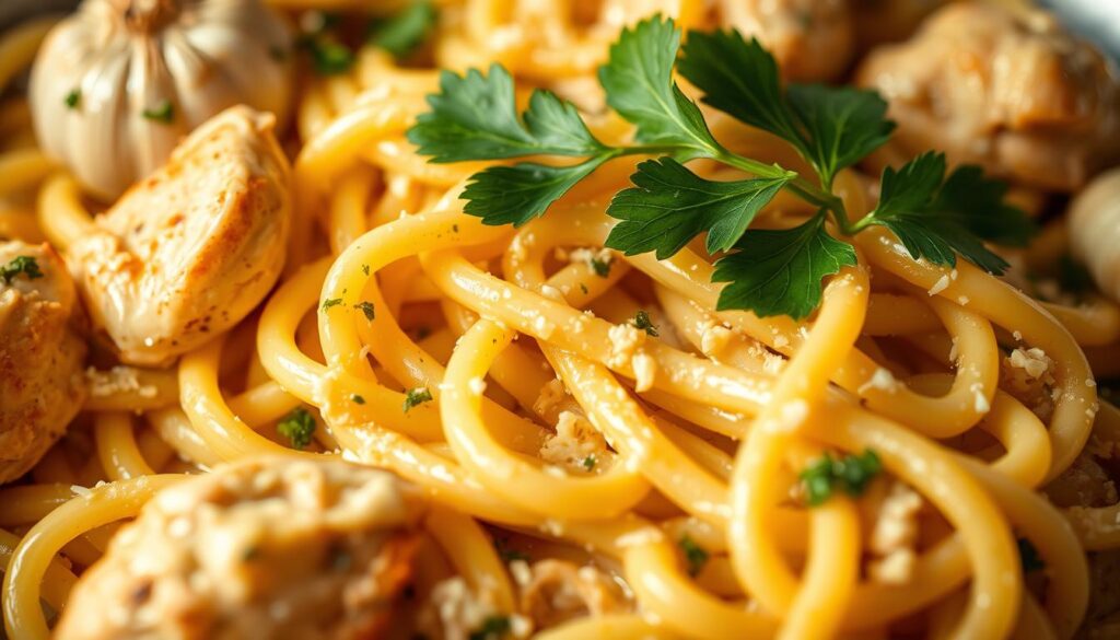 A tempting close-up of a freshly prepared garlic parmesan chicken pasta dish, shot with a shallow depth of field to highlight the glistening strands of al dente linguine nestled among tender chicken breast pieces, all coated in a rich, creamy parmesan sauce. Aromatic whole garlic cloves and fragrant fresh parsley leaves add vibrant pops of color and flavor, while the warm, golden lighting creates an inviting, homemade ambiance, capturing the comforting essence of this delectable pasta recipe. A tempting close-up of a freshly prepared garlic parmesan chicken pasta dish, shot with a shallow depth of field to highlight the glistening strands of al dente linguine nestled among tender chicken breast pieces, all coated in a rich, creamy parmesan sauce. Aromatic whole garlic cloves and fragrant fresh parsley leaves add vibrant pops of color and flavor, while the warm, golden lighting creates an inviting, homemade ambiance, capturing the comforting essence of this delectable pasta recipe.
