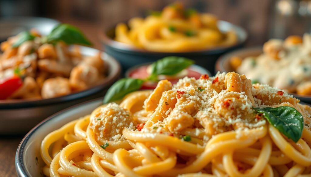 A visually stunning close-up of a selection of delectable Garlic Parmesan Chicken Pasta variations, shot with a shallow depth of field and warm, golden lighting to create an appetizing and inviting atmosphere. The foreground features a creamy, al dente pasta dish with tender chicken, a liberal coating of Parmesan cheese, and fragrant roasted garlic. In the middle ground, various garnishes and accompaniments are artfully arranged, such as fresh basil leaves, red pepper flakes, and a sprinkle of grated Parmesan. The background is softly blurred, hinting at additional pasta dishes or side items that complement the main feature. The overall composition and styling evoke the comforting and indulgent nature of this delicious Garlic Parmesan Chicken Pasta recipe and its many enticing variations. A visually stunning close-up of a selection of delectable Garlic Parmesan Chicken Pasta variations, shot with a shallow depth of field and warm, golden lighting to create an appetizing and inviting atmosphere. The foreground features a creamy, al dente pasta dish with tender chicken, a liberal coating of Parmesan cheese, and fragrant roasted garlic. In the middle ground, various garnishes and accompaniments are artfully arranged, such as fresh basil leaves, red pepper flakes, and a sprinkle of grated Parmesan. The background is softly blurred, hinting at additional pasta dishes or side items that complement the main feature. The overall composition and styling evoke the comforting and indulgent nature of this delicious Garlic Parmesan Chicken Pasta recipe and its many enticing variations.