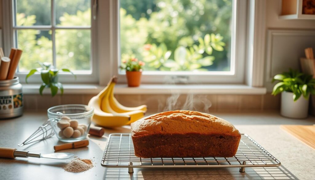 A warm and cozy kitchen scene, with a countertop in the foreground featuring an assortment of common baking ingredients and tools used to troubleshoot a banana bread recipe - a spatula, a whisk, a measuring cup, some spices, and a few overripe bananas. In the middle ground, a freshly baked golden-brown loaf of banana bread sits on a cooling rack, steam wafting up. The background shows a window overlooking a lush, verdant backyard on a bright, sunny day, providing ample natural light to illuminate the scene. The overall mood is one of comfort, problem-solving, and the joyful process of baking. A warm and cozy kitchen scene, with a countertop in the foreground featuring an assortment of common baking ingredients and tools used to troubleshoot a banana bread recipe - a spatula, a whisk, a measuring cup, some spices, and a few overripe bananas. In the middle ground, a freshly baked golden-brown loaf of banana bread sits on a cooling rack, steam wafting up. The background shows a window overlooking a lush, verdant backyard on a bright, sunny day, providing ample natural light to illuminate the scene. The overall mood is one of comfort, problem-solving, and the joyful process of baking.